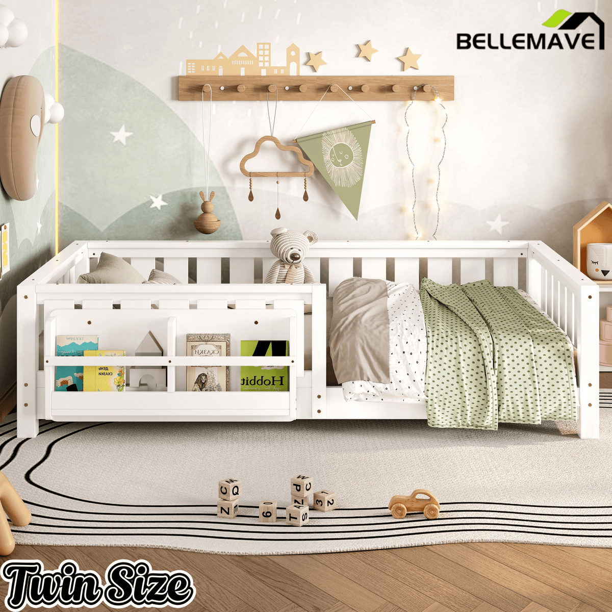 Bellemave® Queen Size Floor Bed with Slats and Safety Guardrail, Easy Assemble Montessori Beds with Fence and Built - in Bookshelf for Girls, Boys, White - Bellemave