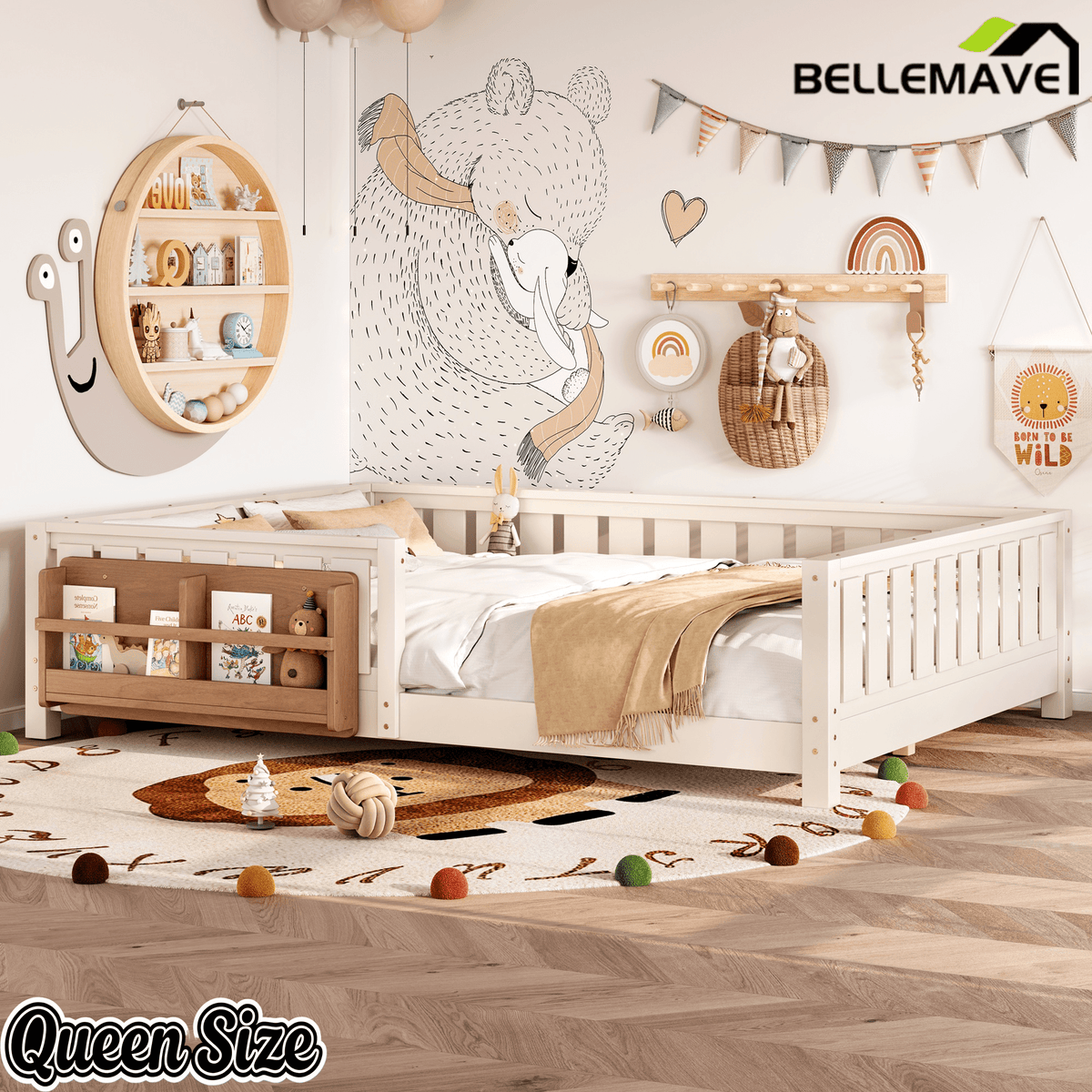 Bellemave® Queen Size Floor Bed with Slats and Safety Guardrail, Easy Assemble Montessori Beds with Fence and Built - in Bookshelf for Girls, Boys, White - Bellemave
