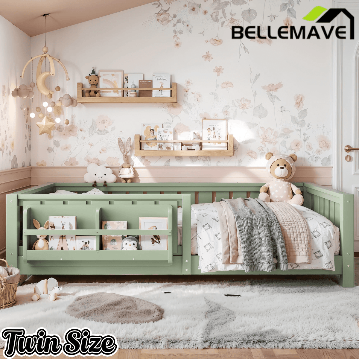 Bellemave® Queen Size Floor Bed with Slats and Safety Guardrail, Easy Assemble Montessori Beds with Fence and Built-in Bookshelf for Girls, Boys, White - Bellemave