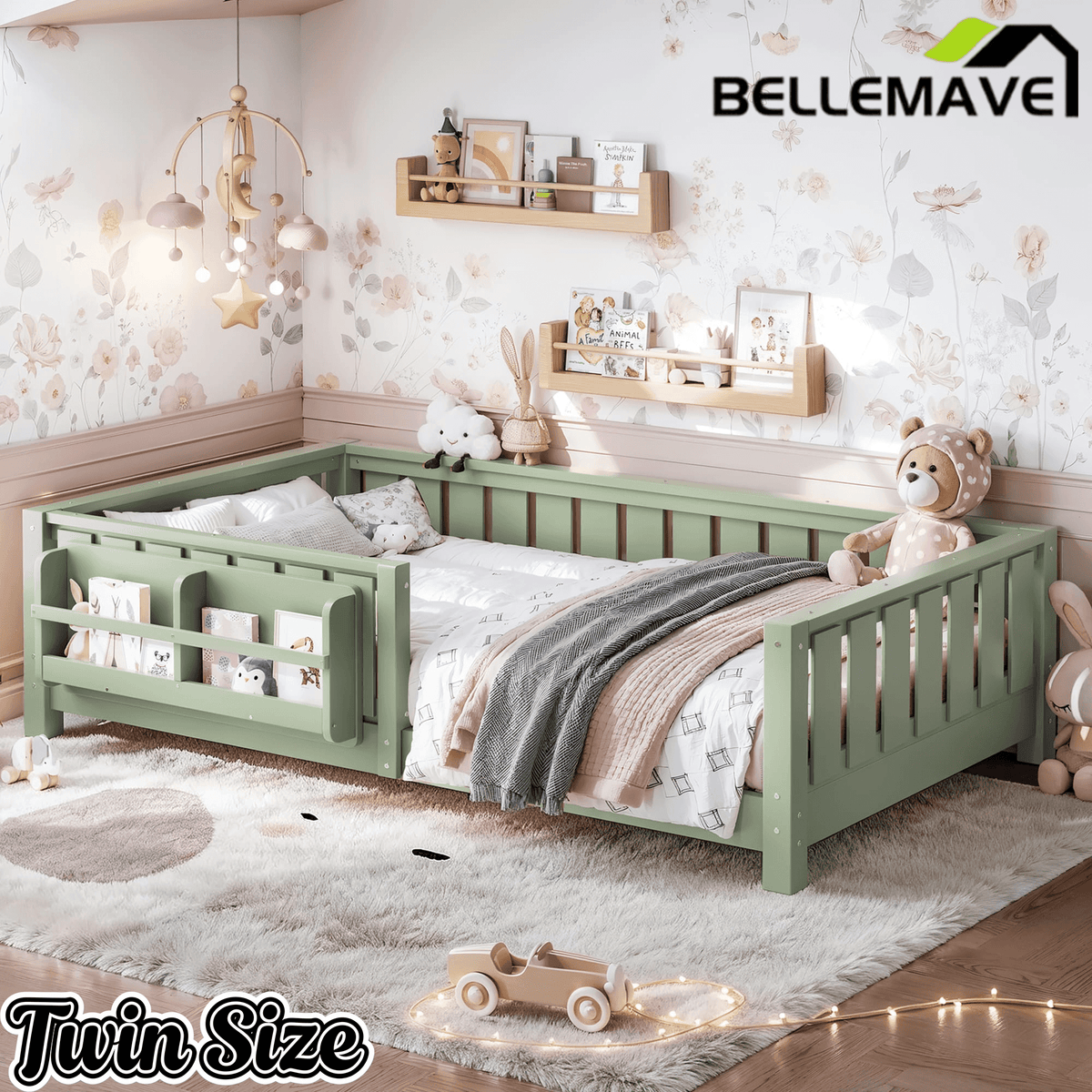 Bellemave® Queen Size Floor Bed with Slats and Safety Guardrail, Easy Assemble Montessori Beds with Fence and Built-in Bookshelf for Girls, Boys, White - Bellemave