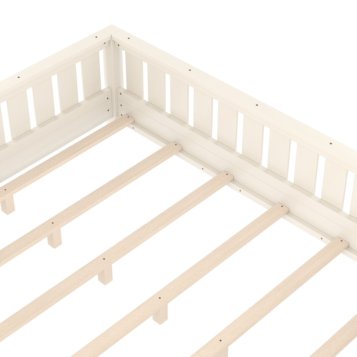 Bellemave® Queen Size Floor Bed with Slats and Safety Guardrail, Easy Assemble Montessori Beds with Fence and Built - in Bookshelf for Girls, Boys, White - Bellemave