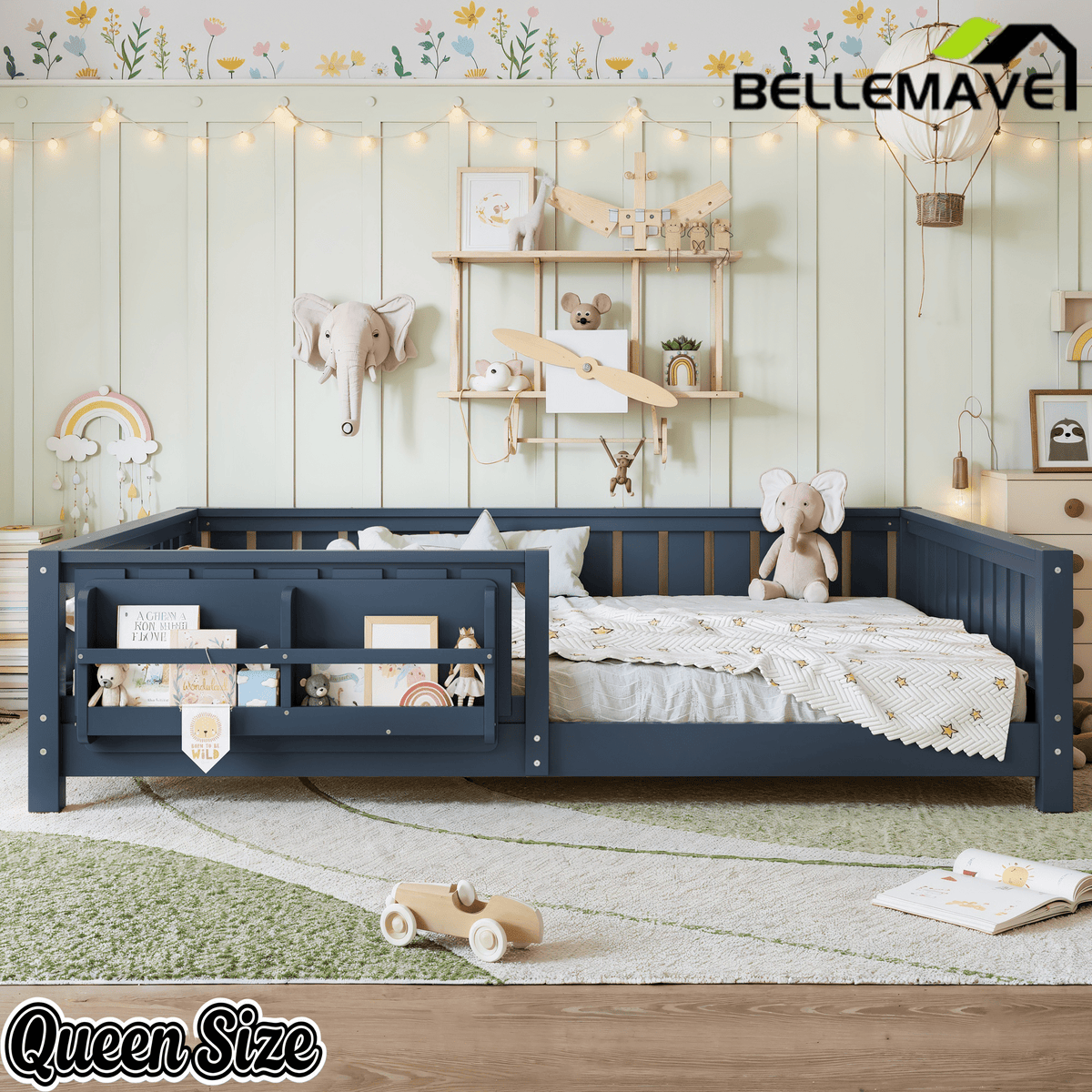 Bellemave® Queen Size Floor Bed with Slats and Safety Guardrail, Easy Assemble Montessori Beds with Fence and Built - in Bookshelf for Girls, Boys, White - Bellemave