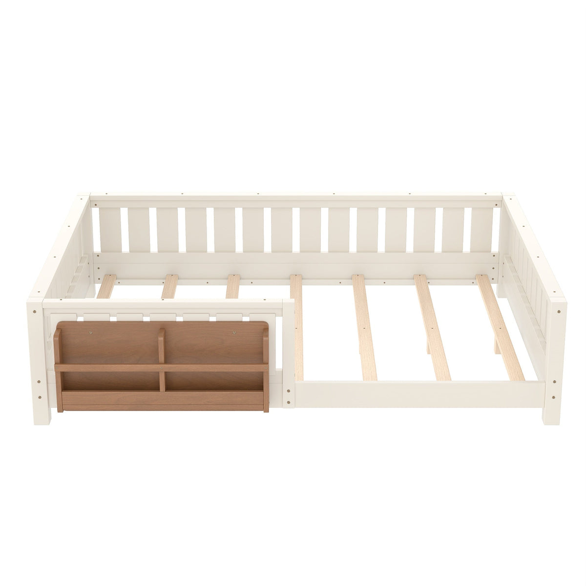 Bellemave® Queen Size Floor Bed with Slats and Safety Guardrail, Easy Assemble Montessori Beds with Fence and Built - in Bookshelf for Girls, Boys, White - Bellemave