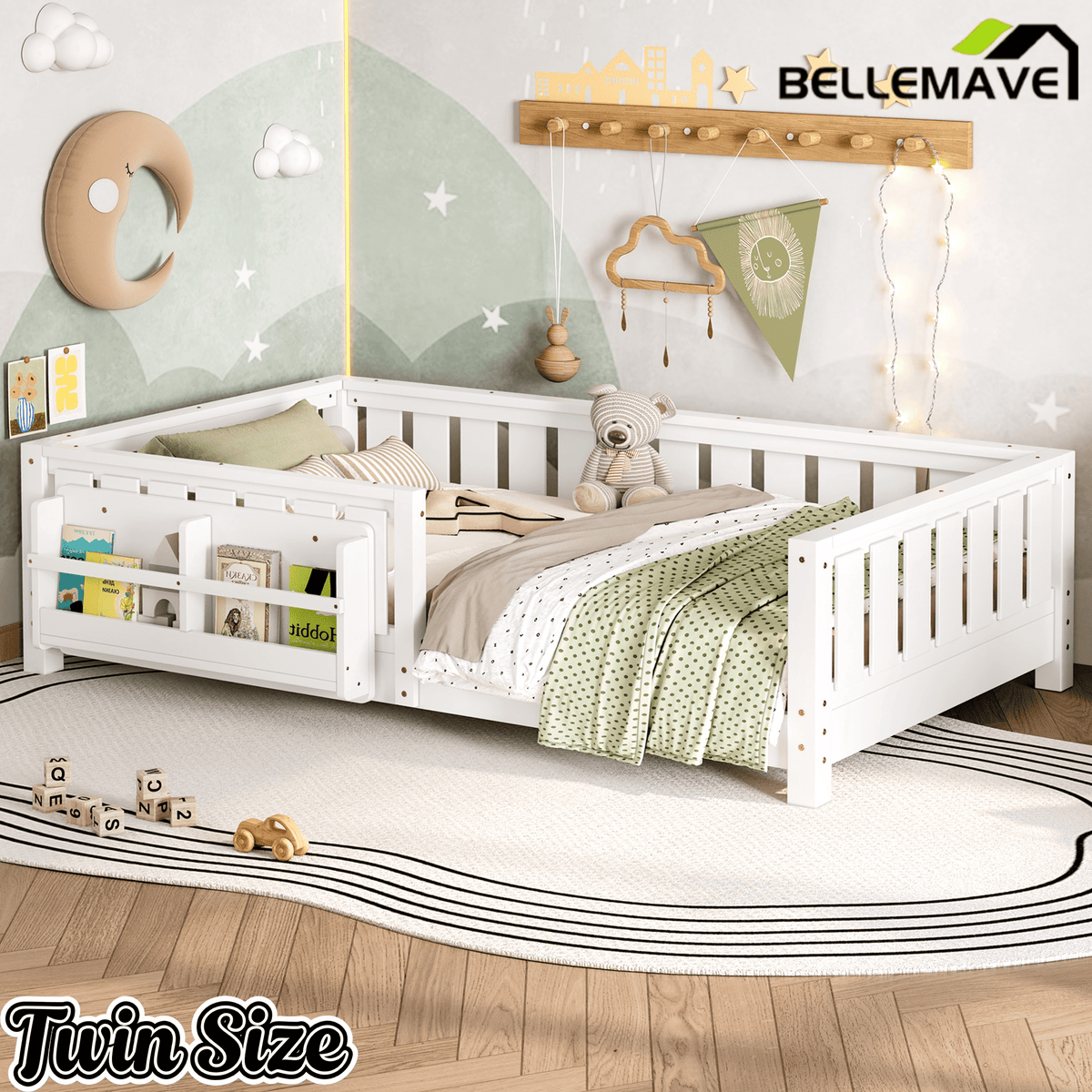 Bellemave® Queen Size Floor Bed with Slats and Safety Guardrail, Easy Assemble Montessori Beds with Fence and Built - in Bookshelf for Girls, Boys, White - Bellemave