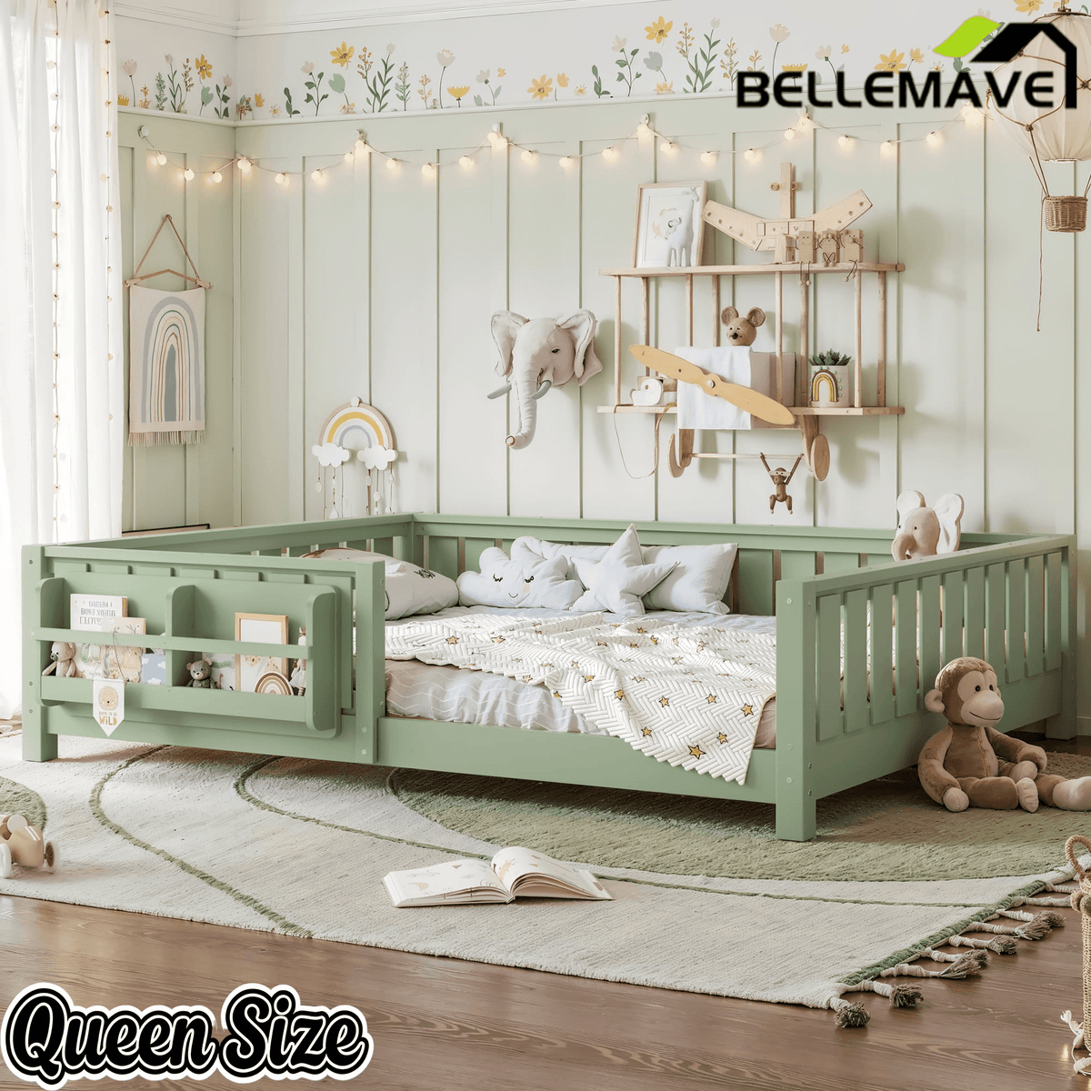 Bellemave® Queen Size Floor Bed with Slats and Safety Guardrail, Easy Assemble Montessori Beds with Fence and Built-in Bookshelf for Girls, Boys, White - Bellemave