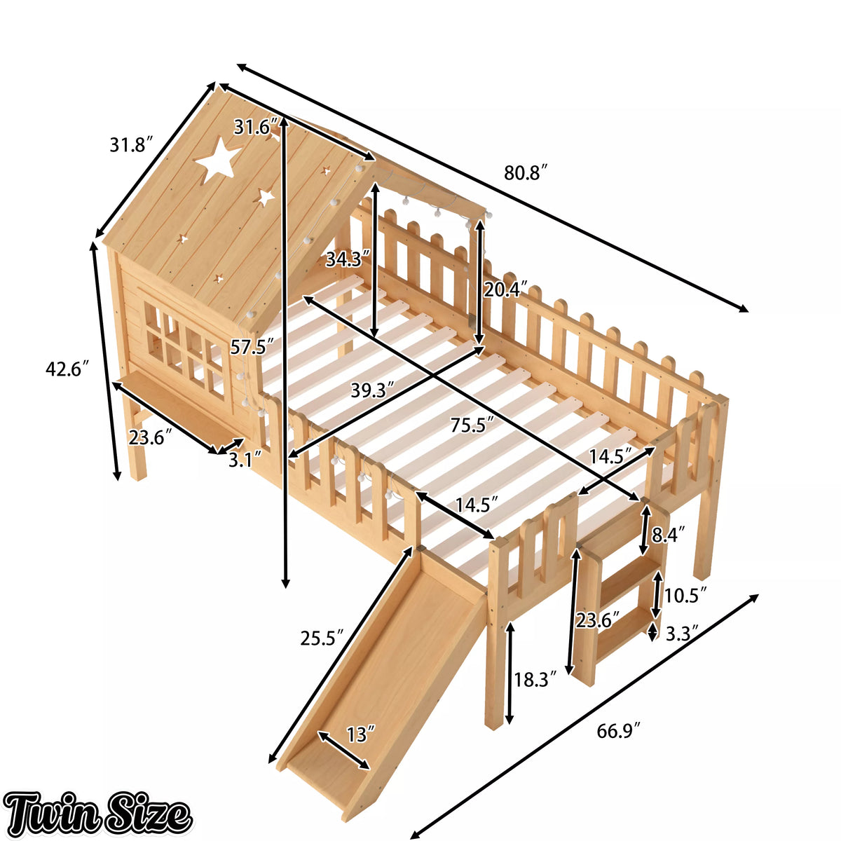 URTR Full Size Kids Low Loft Bed with Slide,House Loft Bed with LED Lights and Ladder,Solid Wood Girls Loft Bed Frame with Safety Guardrails for Girls Boys,Natural
