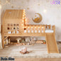 URTR Full Size Kids Low Loft Bed with Slide,House Loft Bed with LED Lights and Ladder,Solid Wood Girls Loft Bed Frame with Safety Guardrails for Girls Boys,Natural