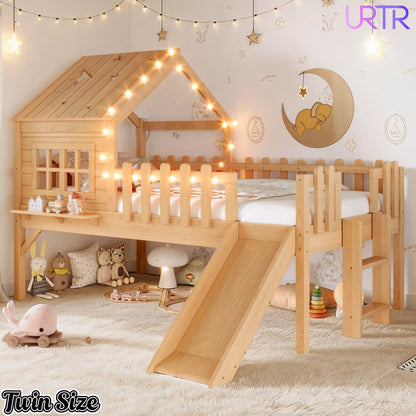 URTR Full Size Kids Low Loft Bed with Slide,House Loft Bed with LED Lights and Ladder,Solid Wood Girls Loft Bed Frame with Safety Guardrails for Girls Boys,Natural