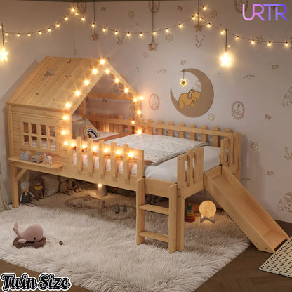 URTR Full Size Kids Low Loft Bed with Slide,House Loft Bed with LED Lights and Ladder,Solid Wood Girls Loft Bed Frame with Safety Guardrails for Girls Boys,Natural