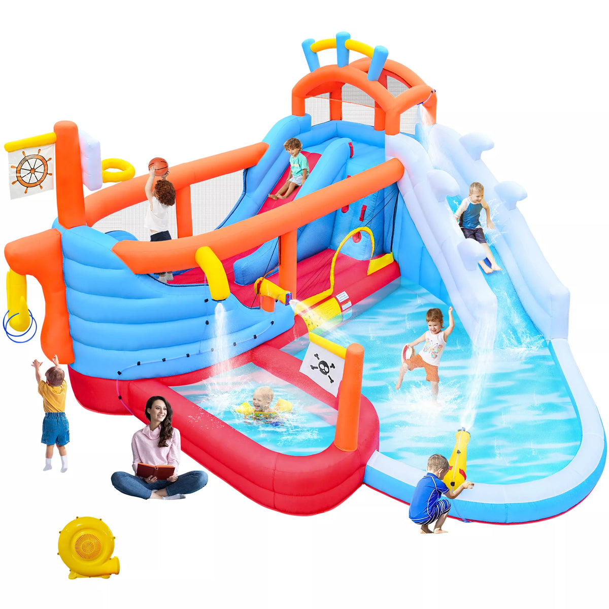 URTR 9-in-1 Inflatable Water Park for Kids, Dual Slides Climbing Wall Anchor Ring Toss Basketball Hoop Dual Water Guns Shallow & Bathing Pools