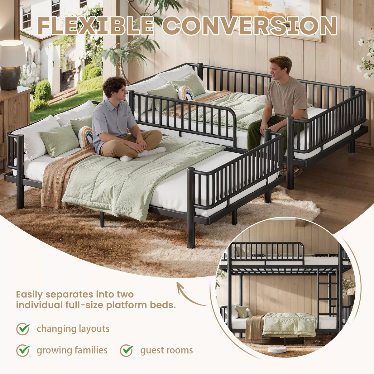 URTR Metal Bunk Bed with Guardrails & Ladder, Convertible Bunk Bed Frame Transforms into 2 Platform Beds