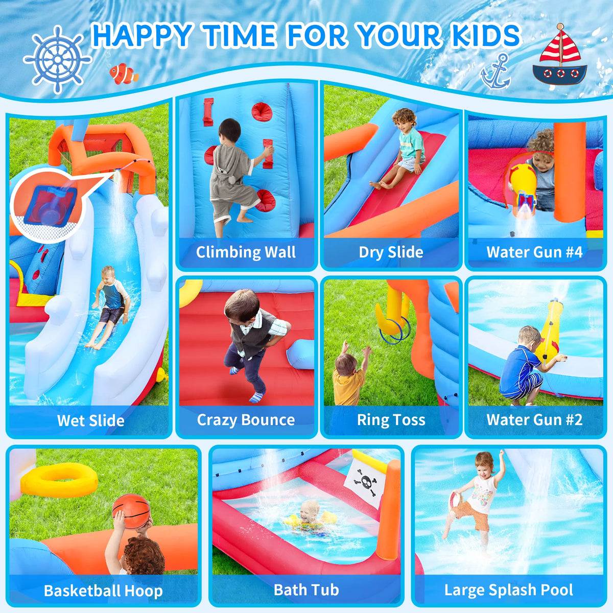 URTR 9-in-1 Inflatable Water Park for Kids, Dual Slides Climbing Wall Anchor Ring Toss Basketball Hoop Dual Water Guns Shallow & Bathing Pools