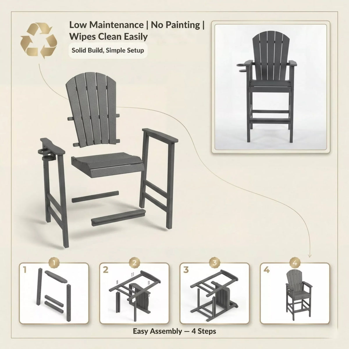 URTR Tall Plastic Adirondack Bar Chair with Cup Holder & Armrests – Outdoor Patio Barstool