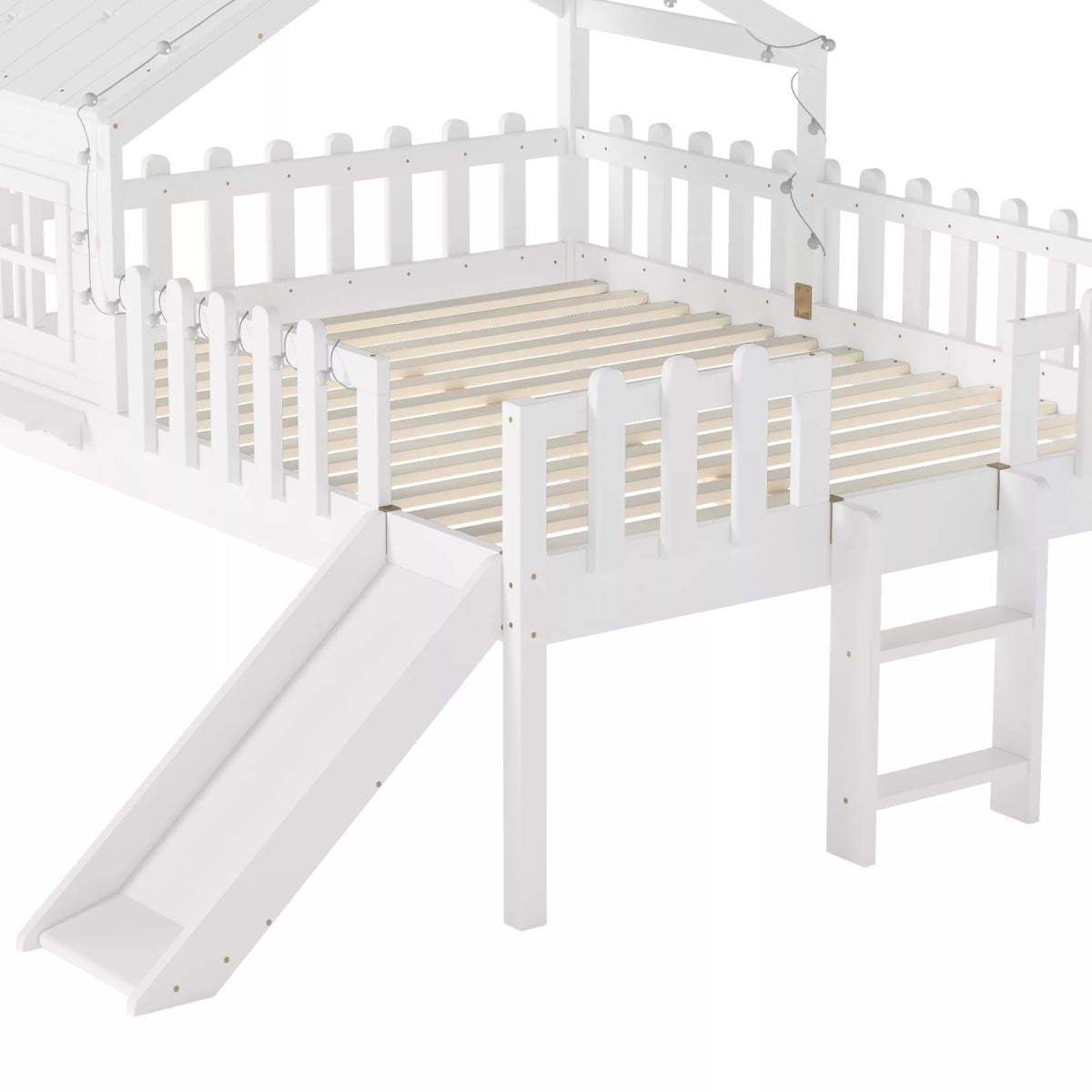 URTR Full Size Kids Low Loft Bed with Slide,House Loft Bed with LED Lights and Ladder,Solid Wood Girls Loft Bed Frame with Safety Guardrails for Girls Boys,Natural