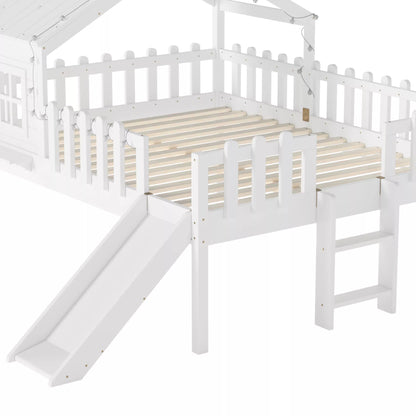 URTR Full Size Kids Low Loft Bed with Slide,House Loft Bed with LED Lights and Ladder,Solid Wood Girls Loft Bed Frame with Safety Guardrails for Girls Boys,Natural