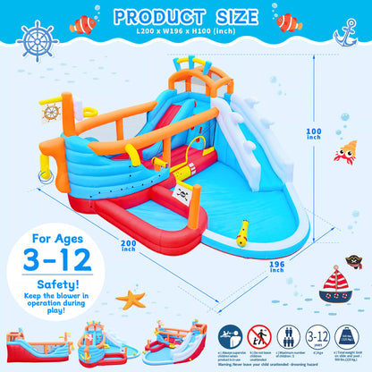 URTR 9-in-1 Inflatable Water Park for Kids, Dual Slides Climbing Wall Anchor Ring Toss Basketball Hoop Dual Water Guns Shallow & Bathing Pools