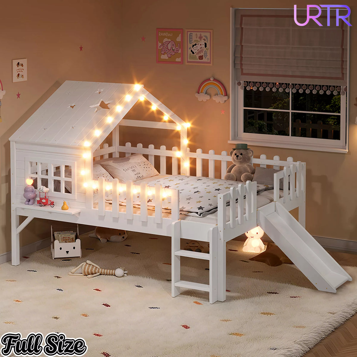 URTR Full Size Kids Low Loft Bed with Slide,House Loft Bed with LED Lights and Ladder,Solid Wood Girls Loft Bed Frame with Safety Guardrails for Girls Boys,Natural