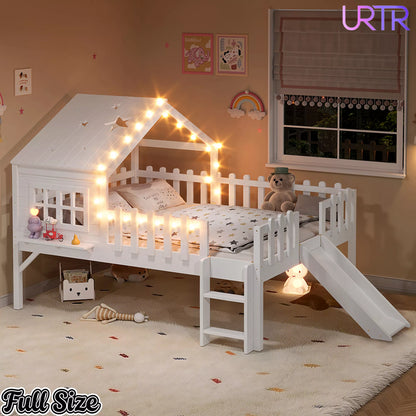 URTR Full Size Kids Low Loft Bed with Slide,House Loft Bed with LED Lights and Ladder,Solid Wood Girls Loft Bed Frame with Safety Guardrails for Girls Boys,Natural