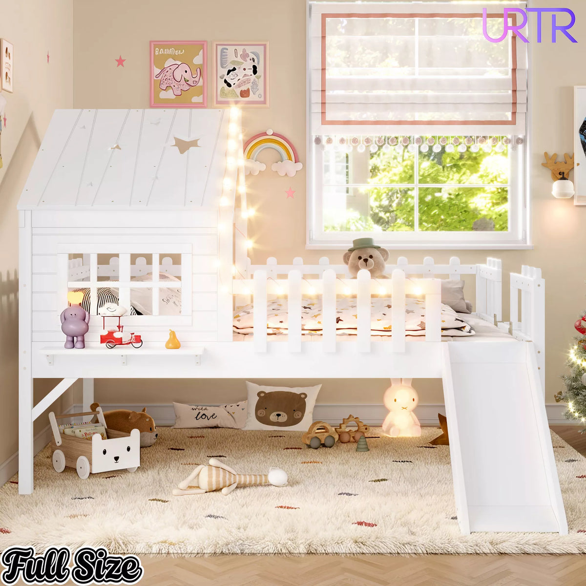 URTR Full Size Kids Low Loft Bed with Slide,House Loft Bed with LED Lights and Ladder,Solid Wood Girls Loft Bed Frame with Safety Guardrails for Girls Boys,Natural