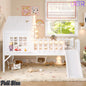 URTR Full Size Kids Low Loft Bed with Slide,House Loft Bed with LED Lights and Ladder,Solid Wood Girls Loft Bed Frame with Safety Guardrails for Girls Boys,Natural