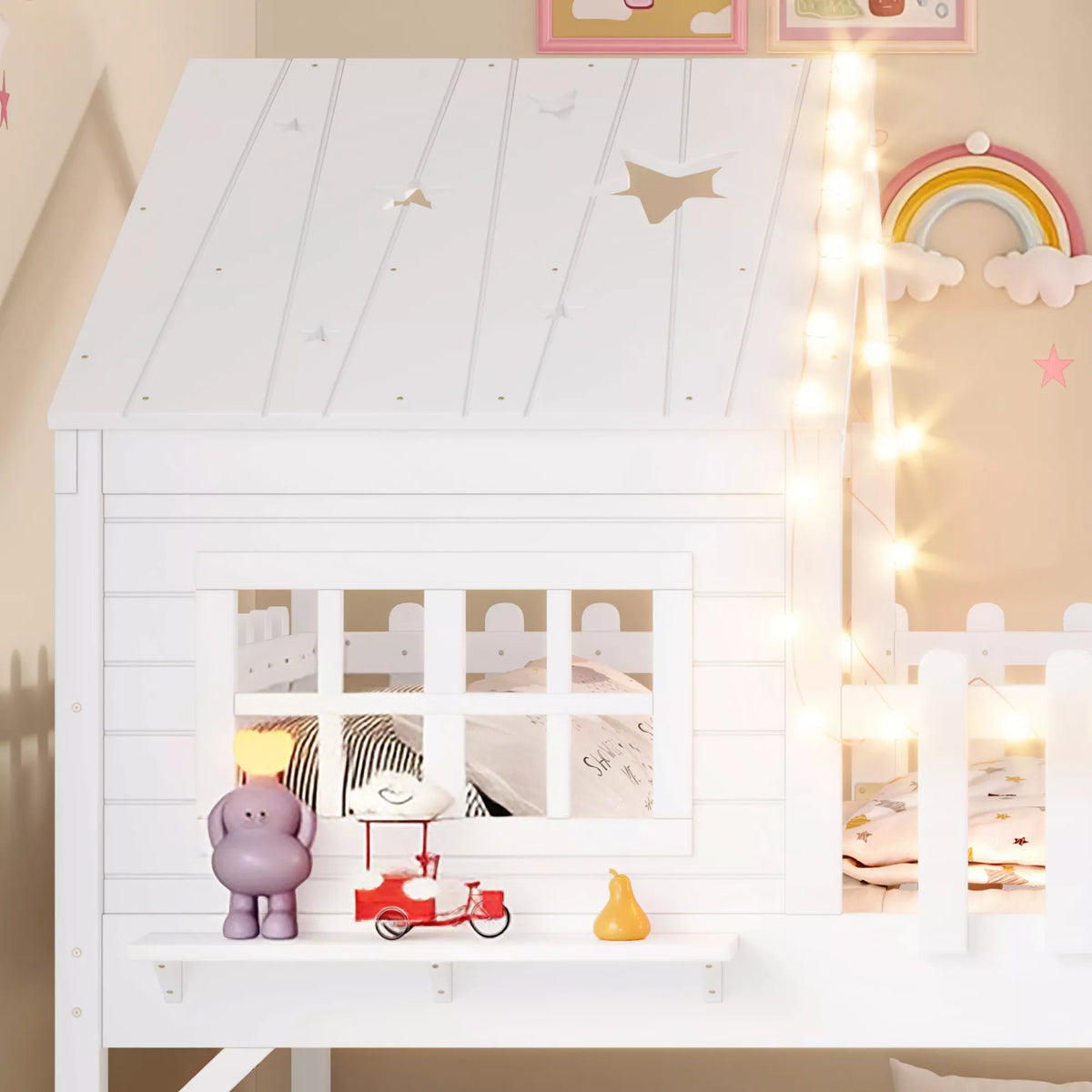 URTR Full Size Kids Low Loft Bed with Slide,House Loft Bed with LED Lights and Ladder,Solid Wood Girls Loft Bed Frame with Safety Guardrails for Girls Boys,Natural