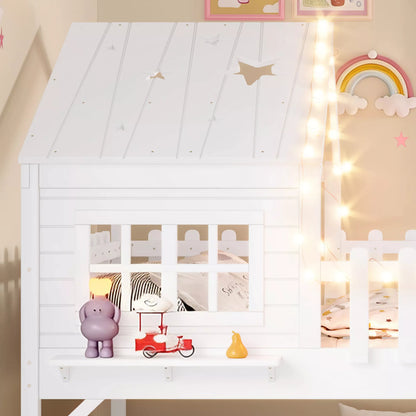 URTR Full Size Kids Low Loft Bed with Slide,House Loft Bed with LED Lights and Ladder,Solid Wood Girls Loft Bed Frame with Safety Guardrails for Girls Boys,Natural
