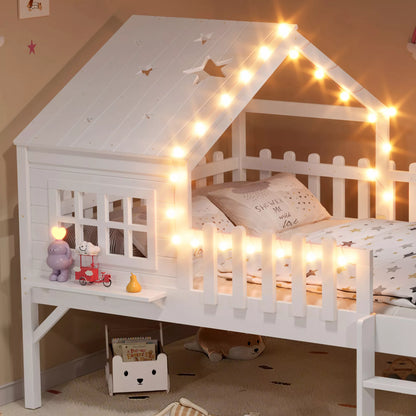 URTR Full Size Kids Low Loft Bed with Slide,House Loft Bed with LED Lights and Ladder,Solid Wood Girls Loft Bed Frame with Safety Guardrails for Girls Boys,Natural