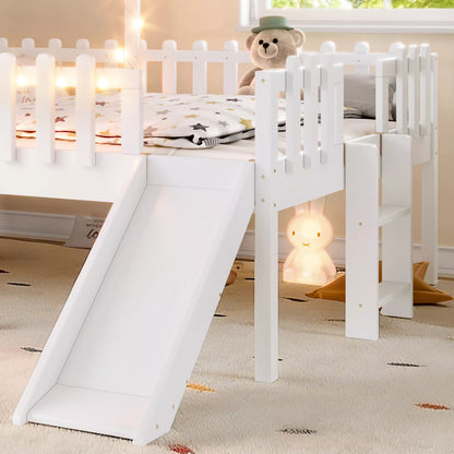 URTR Full Size Kids Low Loft Bed with Slide,House Loft Bed with LED Lights and Ladder,Solid Wood Girls Loft Bed Frame with Safety Guardrails for Girls Boys,Natural
