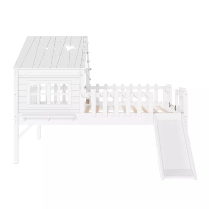 URTR Full Size Kids Low Loft Bed with Slide,House Loft Bed with LED Lights and Ladder,Solid Wood Girls Loft Bed Frame with Safety Guardrails for Girls Boys,Natural