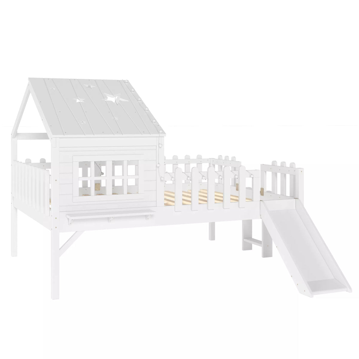 URTR Full Size Kids Low Loft Bed with Slide,House Loft Bed with LED Lights and Ladder,Solid Wood Girls Loft Bed Frame with Safety Guardrails for Girls Boys,Natural