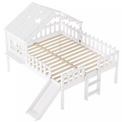 URTR Full Size Kids Low Loft Bed with Slide,House Loft Bed with LED Lights and Ladder,Solid Wood Girls Loft Bed Frame with Safety Guardrails for Girls Boys,Natural
