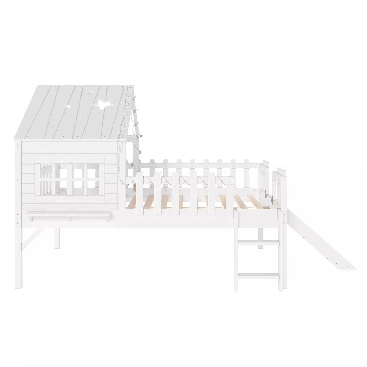URTR Full Size Kids Low Loft Bed with Slide,House Loft Bed with LED Lights and Ladder,Solid Wood Girls Loft Bed Frame with Safety Guardrails for Girls Boys,Natural