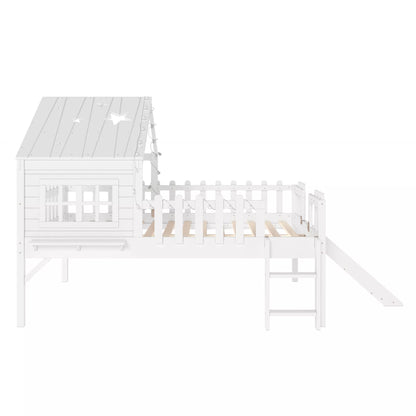URTR Full Size Kids Low Loft Bed with Slide,House Loft Bed with LED Lights and Ladder,Solid Wood Girls Loft Bed Frame with Safety Guardrails for Girls Boys,Natural