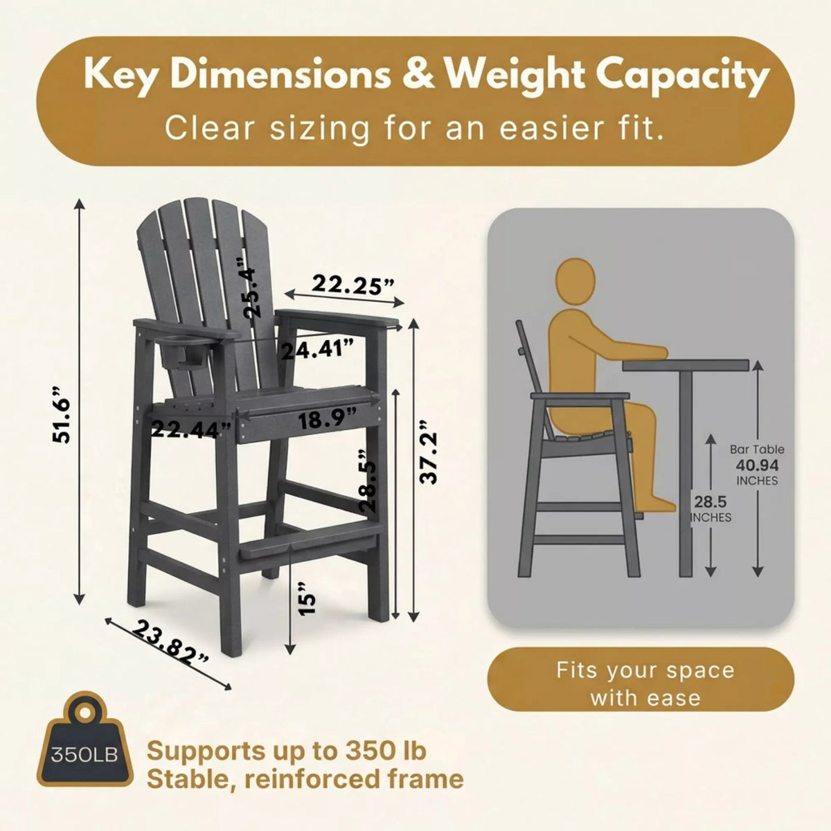 URTR Tall Plastic Adirondack Bar Chair with Cup Holder & Armrests – Outdoor Patio Barstool