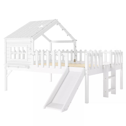URTR Full Size Kids Low Loft Bed with Slide,House Loft Bed with LED Lights and Ladder,Solid Wood Girls Loft Bed Frame with Safety Guardrails for Girls Boys,Natural