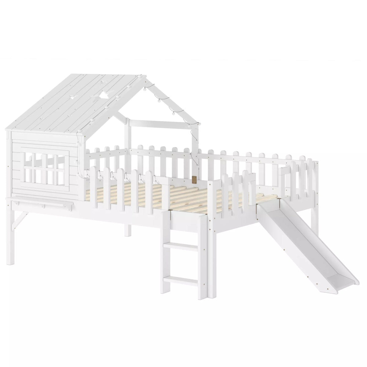 URTR Full Size Kids Low Loft Bed with Slide,House Loft Bed with LED Lights and Ladder,Solid Wood Girls Loft Bed Frame with Safety Guardrails for Girls Boys,Natural