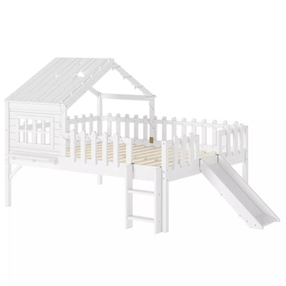 URTR Full Size Kids Low Loft Bed with Slide,House Loft Bed with LED Lights and Ladder,Solid Wood Girls Loft Bed Frame with Safety Guardrails for Girls Boys,Natural