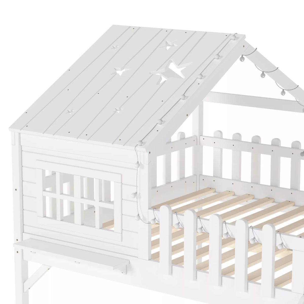 URTR Full Size Kids Low Loft Bed with Slide,House Loft Bed with LED Lights and Ladder,Solid Wood Girls Loft Bed Frame with Safety Guardrails for Girls Boys,Natural