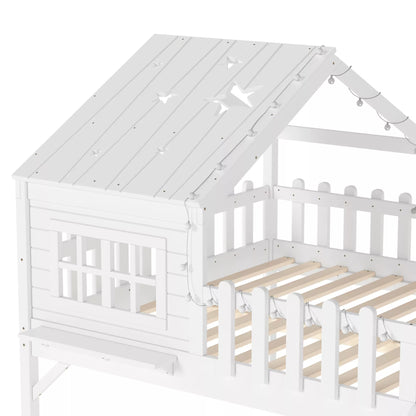 URTR Full Size Kids Low Loft Bed with Slide,House Loft Bed with LED Lights and Ladder,Solid Wood Girls Loft Bed Frame with Safety Guardrails for Girls Boys,Natural