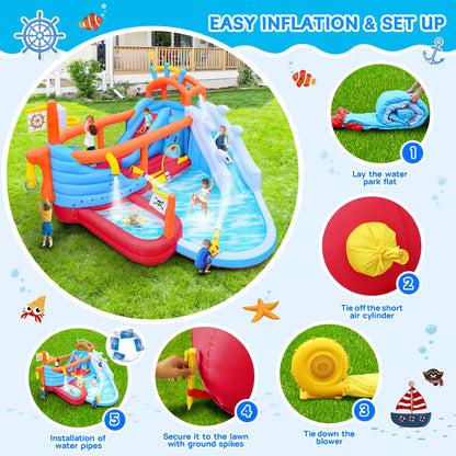 URTR 9-in-1 Inflatable Water Park for Kids, Dual Slides Climbing Wall Anchor Ring Toss Basketball Hoop Dual Water Guns Shallow & Bathing Pools