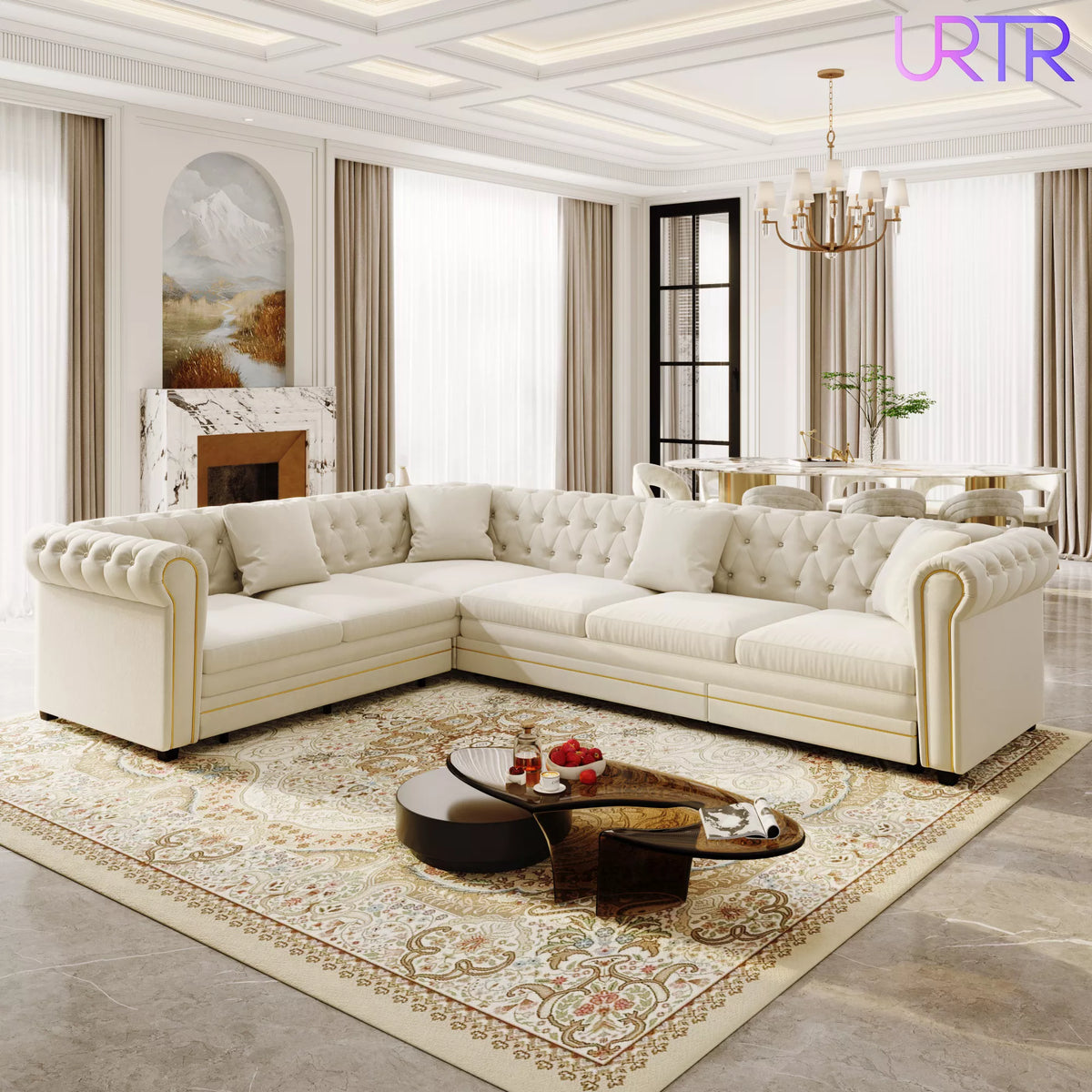 URTR L-Shaped Sleeper Sofa with Pull Out Bed, Convertible Velvet Sectional Couch with Deep Seating and Chesterfield Style