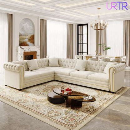 URTR L-Shaped Sleeper Sofa with Pull Out Bed, Convertible Velvet Sectional Couch with Deep Seating and Chesterfield Style