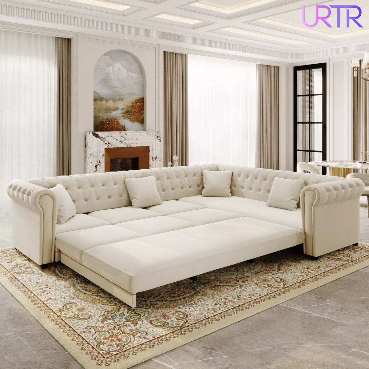 URTR L-Shaped Sleeper Sofa with Pull Out Bed, Convertible Velvet Sectional Couch with Deep Seating and Chesterfield Style