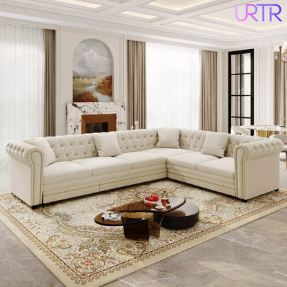 URTR L-Shaped Sleeper Sofa with Pull Out Bed, Convertible Velvet Sectional Couch with Deep Seating and Chesterfield Style