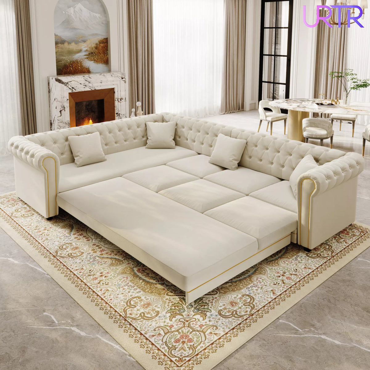 URTR L-Shaped Sleeper Sofa with Pull Out Bed, Convertible Velvet Sectional Couch with Deep Seating and Chesterfield Style