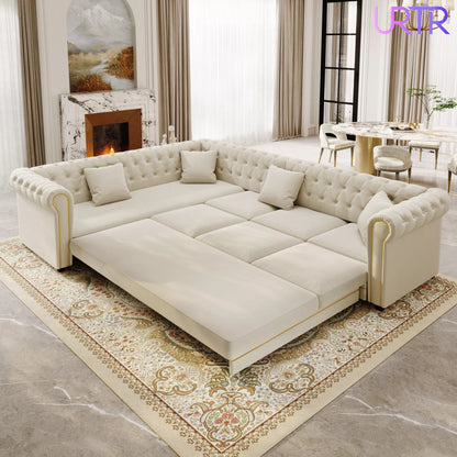 URTR L-Shaped Sleeper Sofa with Pull Out Bed, Convertible Velvet Sectional Couch with Deep Seating and Chesterfield Style