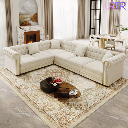 URTR L-Shaped Sleeper Sofa with Pull Out Bed, Convertible Velvet Sectional Couch with Deep Seating and Chesterfield Style