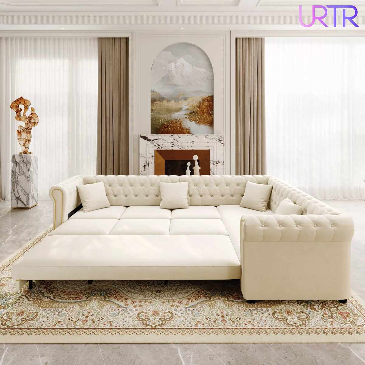 URTR L-Shaped Sleeper Sofa with Pull Out Bed, Convertible Velvet Sectional Couch with Deep Seating and Chesterfield Style