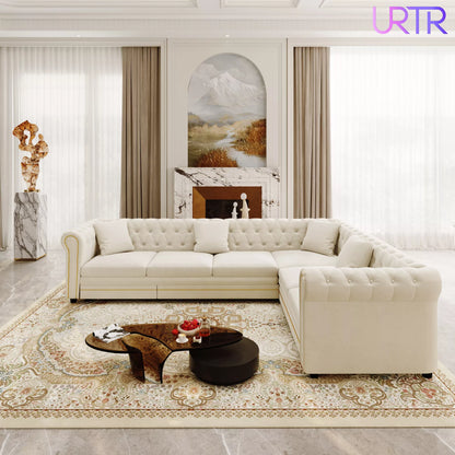 URTR L-Shaped Sleeper Sofa with Pull Out Bed, Convertible Velvet Sectional Couch with Deep Seating and Chesterfield Style