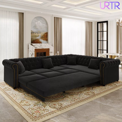 URTR L-Shaped Sleeper Sofa with Pull Out Bed, Convertible Velvet Sectional Couch with Deep Seating and Chesterfield Style